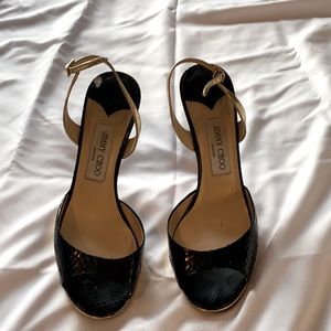 Jimmy Choo black python open toe sandal heel